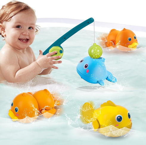Dwi Dowellin Bath Toys for Toddlers, Magnetic Fishing Games, Mold Free Wind-up Swimming Fish Duck Whale