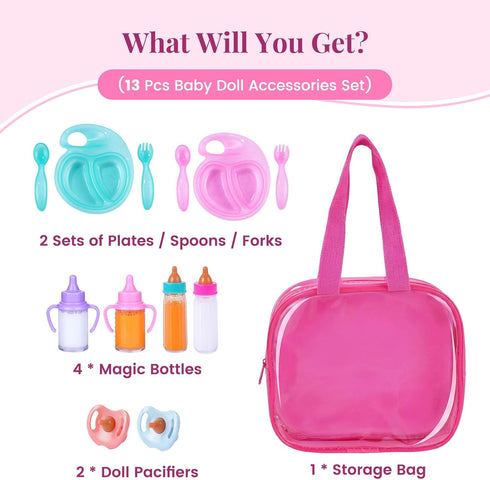 13 Set, BABESIDE Pcs Baby Doll Accessories Magic Baby Doll Bottles and Accessories Toy Babys Bottles with Disappearing