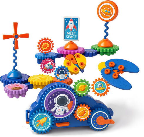Motorized Spinning Gear Building Toys for Kids, Space Rocket STEM Construction Set,