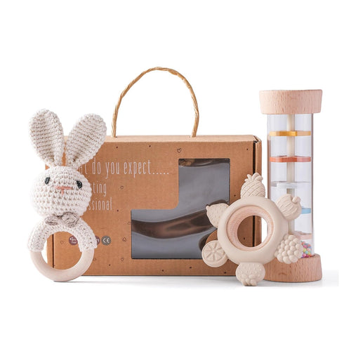 Youuys Wooden Baby Rattle Set (3pcs) - Crochet Rattle Rain Stick Teething