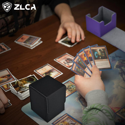 Card Deck Box for Trading Cards, MTG YuGiOh Deck Case Holds 100+ Single Sleeved Cards, Black & Purple
