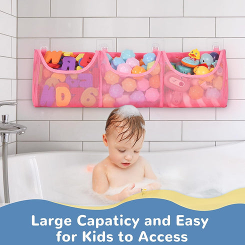 Bath Toy Storage, Large Capacity 3 Compartments Organizer for Kids Baby Bathroom Toy - Pink