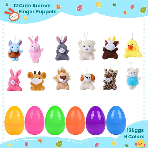 12 PCS Easter Eggs Filled with Mini Plush Animal Toys, Easter Basket Stuffers for Toddler Boys Girls, Plastic Easter