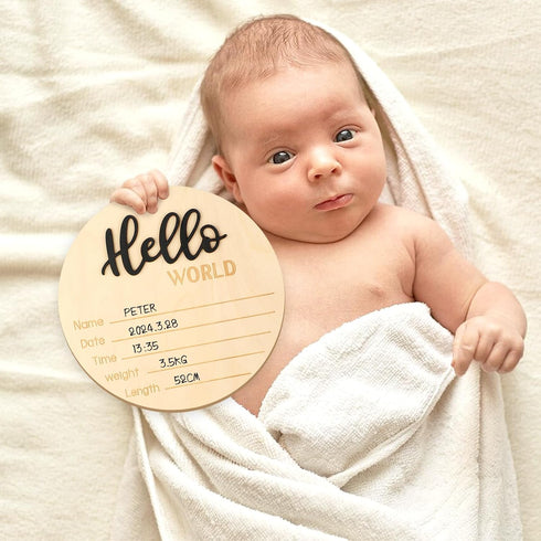 ROLYTA 5.9 Inch Baby Announcement Sign, Wooden Hello World Newborn Signs, Newborn Welcome Sign for Photo Prop Baby