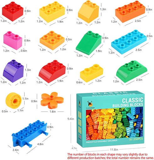 Cutedeer 258 Piece Classic Big Building Blocks Set for Kids, Compatible with Major Brands, STEM Toys with Gift Box
