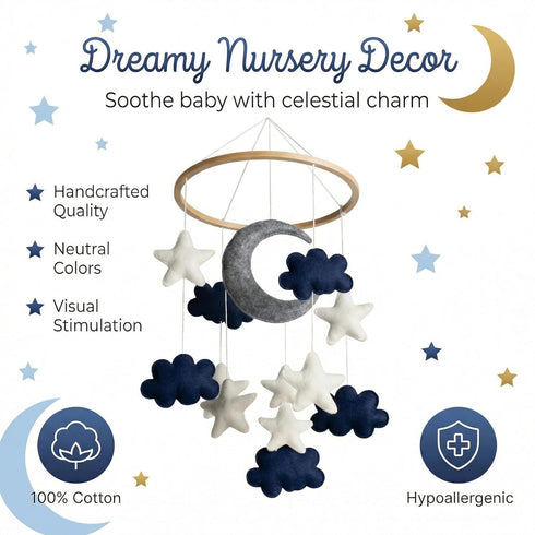 Handmade Crib Mobile - Blue Moon, Stars & White Clouds for Boys