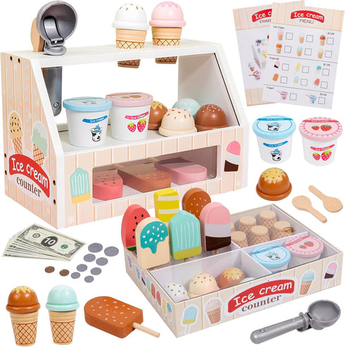 Wooden Ice Cream Set Counter Toy for Toddlers, Wooden Play Food Kitchen