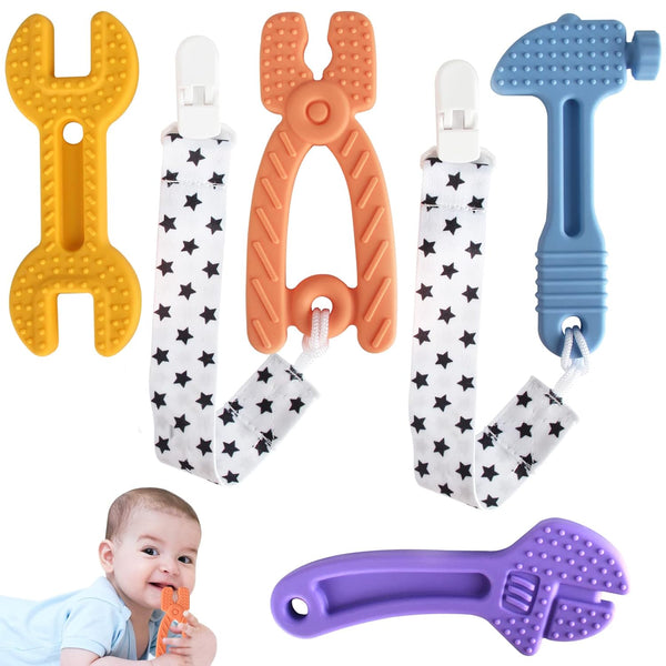 Fu Store 4 Pack Soft Silicone Teething Toys for Toddlers Infant Baby Teethers Hammer Spanner Wrench Pliers Set (Hammer
