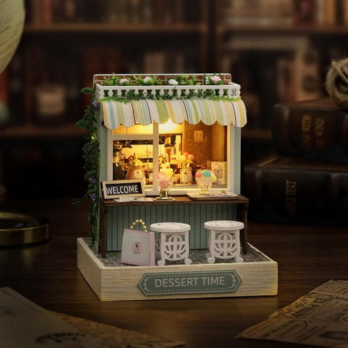 CUTEROOM Miniature House Kit, Tiny Wooden Dollhouse Kit with Dust Cover, DIY Birthday Gift (Dessert Time)