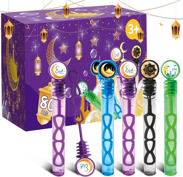 80Pcs Eid/Ramadan Mubarak Bubble Wands, Mini Bubble Wands for Party Favors, Goodie Bag Fillers for Kids Adults
