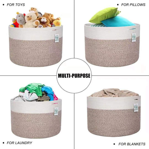 MINTWOOD Design Extra Large 22 x 14in Woven Cotton Rope Decorative Blanket Basket for Living Room, Light Brown