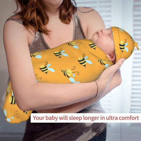 Cute Bee Baby Stuff Newborn Swaddle Blanket with Beanie Set, Soft Stretchy Swaddle Sack for Boy and Girl