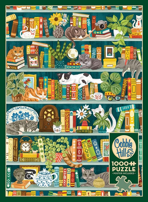Cobble Hill 1000 Piece Puzzle - The Purrfect Bookshelf, Sample Poster Included