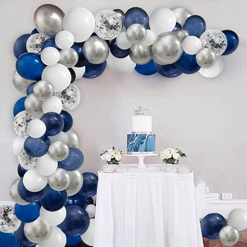 124pcs Blue Silver White Balloons Garland Arch Kit, 5/10/12/18 Inch Set for Birthday Wedding Graduation Party Decor