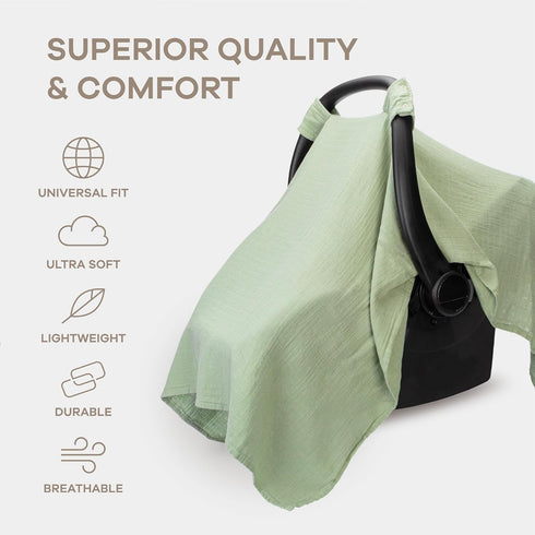 Comfy Cubs Baby Car Seat Cover - Soft, Breathable Bamboo Rayon and Muslin Cotton Blend - Lightweight Canopy for Sun