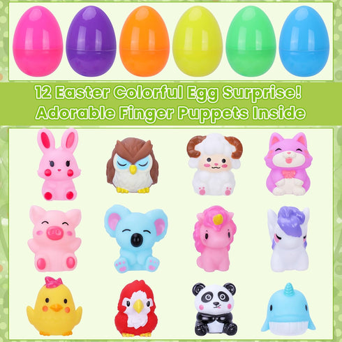 12 Pack Prefilled Easter Eggs With Toys, Mini Animal Finger Puppets Easter Egg Fillers, Easter Basket Stuffers for Kids