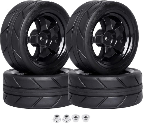 Pre-Glued 12mm Hex Wheels Rims and Rubber Tires, OD 2.55" for Traxxas Tamiya HPI HSP Redcat RC 1/10 On Road Racing Car,