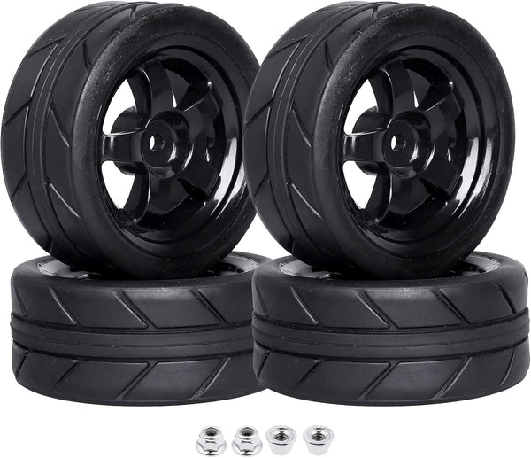 Pre-Glued 12mm Hex Wheels Rims and Rubber Tires, OD 2.55" for Traxxas Tamiya HPI HSP Redcat RC 1/10 On Road Racing Car,