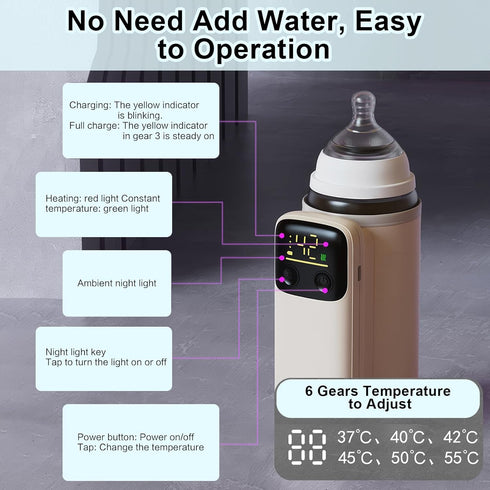 6-Temp Portable Bottle Warmer for Travel - Baby Bottle Warmers with LED Display and Flashlight, Bottle Warmers