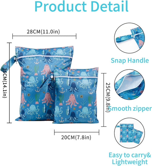 CoolaPeach 2 Pcs Wet Bags Waterproof Reusable Zippered Pocket Cloth Diaper Bag for Travel Beach Pool Swim, Baby