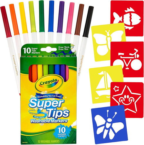 Super Tip Markers, 10 Washable Markers for Kids, Perfect for Arts and Crafts, Includes 4 Stencils, Art Supplies