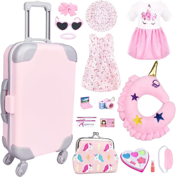 BNUZEIYI 17Pcs 18 Inch Girl Doll Clothes and Accessories Travel Play Set with Pillow and Camera for Girls