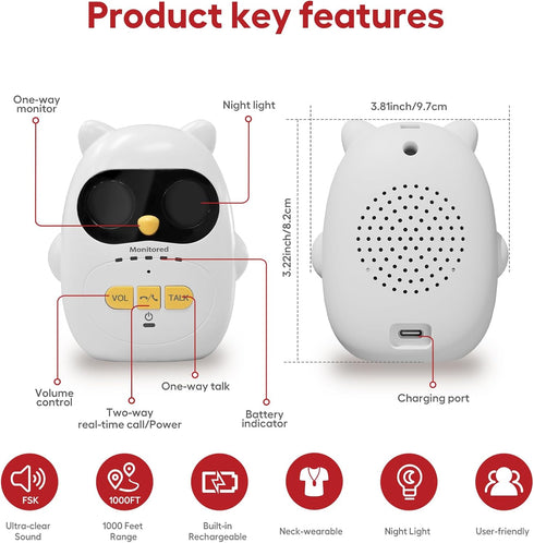 H HOSMART 1000Ft Audio Baby Monitor with Rechargeable Battery, Full-Duplex Wireless Intercom with Range, Baby Monitor