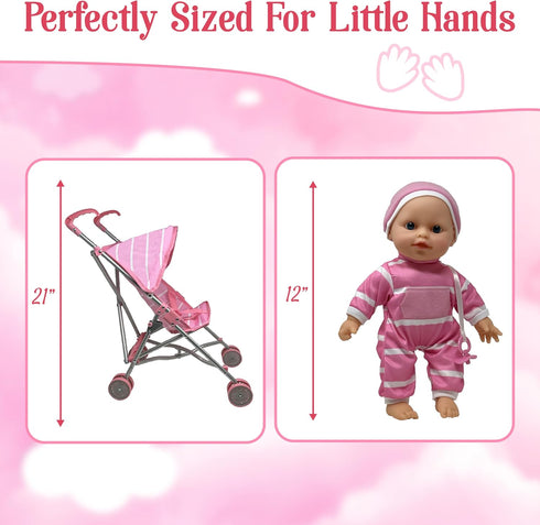 Set 12" Set Baby Doll with Stroller - Baby Doll with Pacifier Gift - Pink Fabric Baby Stroller Toy for Kids - Foldable
