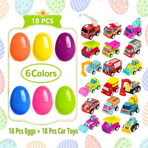 Atiger 18 PCS Easter Egg Fillers with Toys Inside, Easter Basket Stuffers for Toddlers Filled Pull Back Engineering