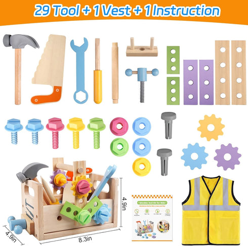 Set, 30pcs 3 4 5 Aliex Wooden Kids Tool Toy Tools for Toddlers with Vest, Tool Kit Toddler Montessori Stem Learning