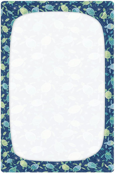 Vdsrup 39 27 5In Crib Sheets for Boys Girl Turtles Ocean Neutral Mini Crib Mattress Sheets Fitted, Blue Green Toddler