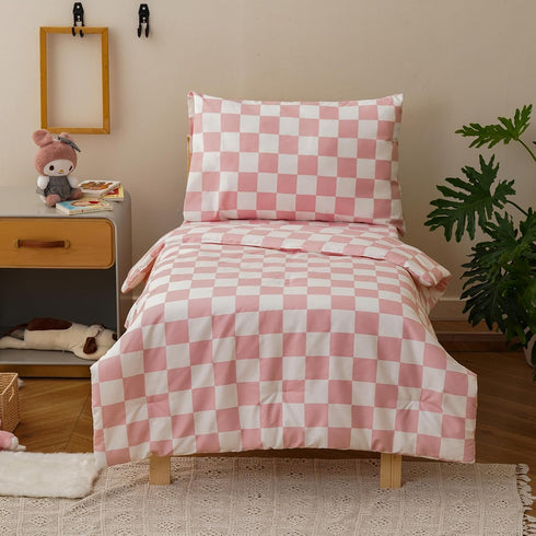 KAREVER Grid Toddler Bedding Set Pink White Checkered 4 Pieces Crib Bed