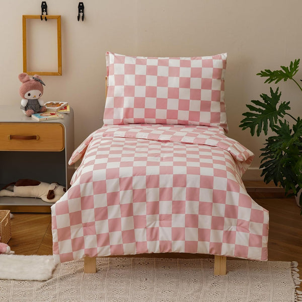 KAREVER Grid Toddler Bedding Set Pink White Checkered 4 Pieces Crib Bed