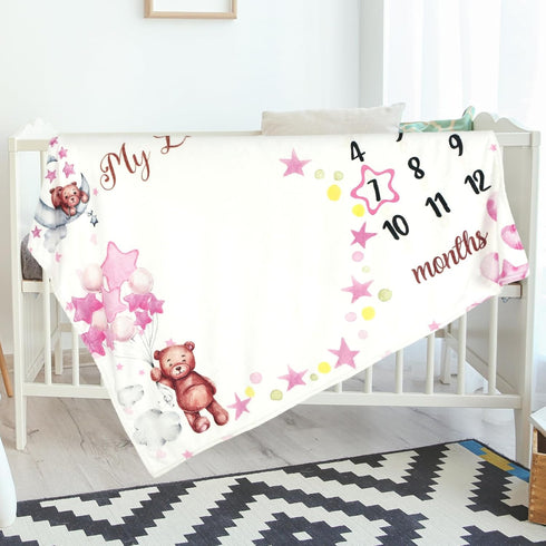 Sleeping Bear Monthly Baby Milestone Blanket, Flannel Blanket for Boys Girls, Growth Chart Baby Blanket