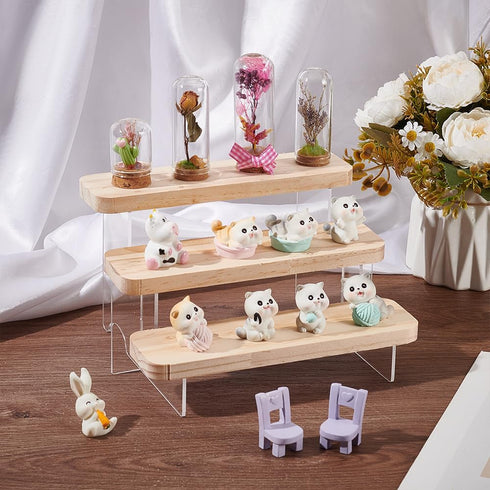 BENECREAT 3-Tier Figure Display Stand Acrylic Minifigures Risers, Wooden Tiered Organizer Holder for Models and