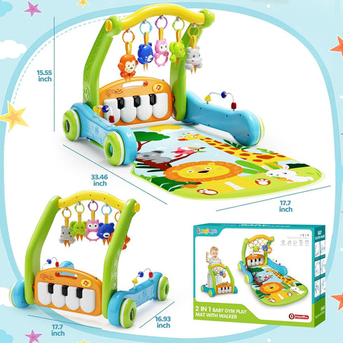 2 1 Tummy 0-6 12-18 Baby Gym Play Mat with Walker, IN Kick and Play Piano Activity Center with Light & Music, Time Mat