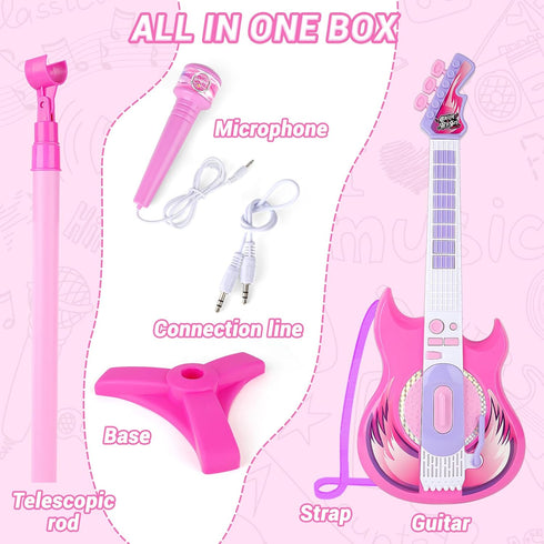 Set Set, deAO Kids Guitar and Microphone Play with Stand for Girls, Musical Guitar Play Adjustable Height Guitar Toys