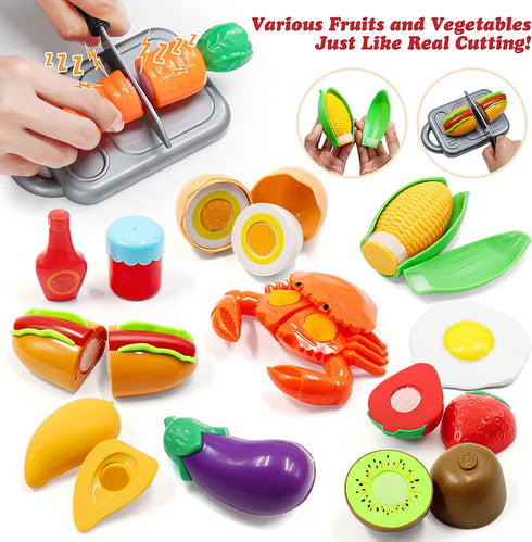 Kids Kitchen Pretend Play Accessories Set, 32 Items Stainless Steel Pots and Pans with Rack Organizer, Cooking Utensils