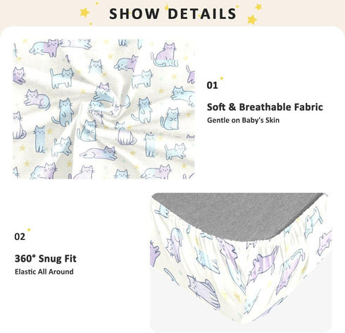 miaozhen 1 Pack 52x28 Cotton Crib Sheets for Baby Boys Girls Soft Breathable Simple Line Cat Purple and Blue Toddler
