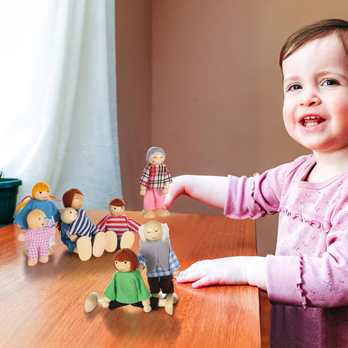 Wooden Doll House People, 8 Figures Dolls Family Set for Girls, Toddler Kids Dollhouse Accessories Toy