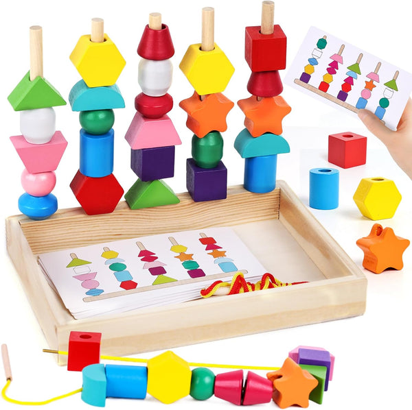 LovesTown Beads Sequencing Toy, Montessori Wooden Stacking Toys for Kids, Educational Preschool Learning Gifts for Boys