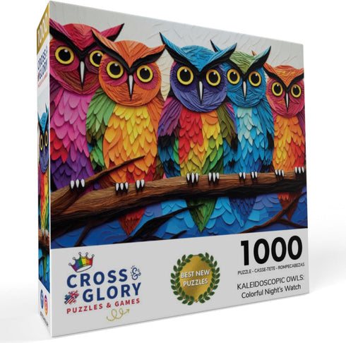 Kaleidoscopic Owls 1000 Piece Owl Jigsaw Puzzle - Colorful Night's Watch from Cross & Glory - Eco-Friendly with Satin