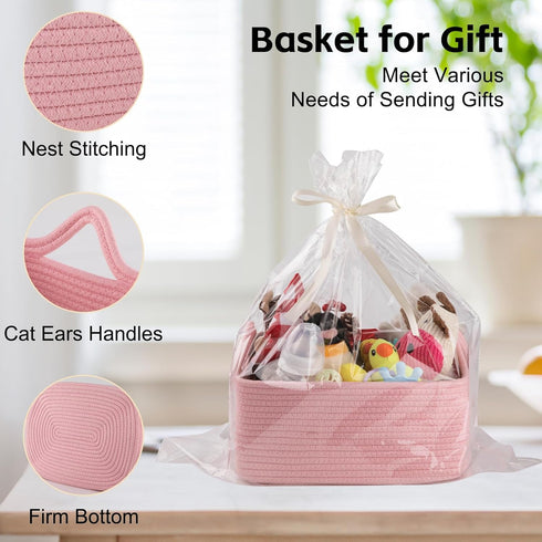 OIAHOMY Woven Basket, Gift Basket Empty with Gift Bags and Ribbons, Storage Basket with Handles for Nursery, Pink