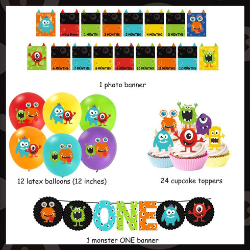 Monster 1st Birthday Decorations Kit - Photo Banner, Balloons, Cupcake Toppers for Little Monster Party Supplies