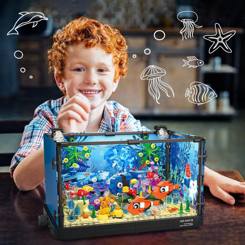 HOGOKIDS Fish Tank Building Set - 725PCS Movable Aquarium Toys with LED Light for Kids Age 8-14