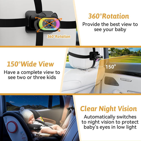 Wkzay 1080P, 150 4.3 Baby Car Camera for Backseat HD Wide Angle, Night Vision, Easy Installation, Adjustable LED Light