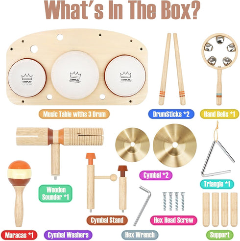Set 2 11 1 2-3, 18+ Kids Drum - Montessori Toys for Year Old Boy Girl Birthday Gifts, in Wooden Musical Instruments