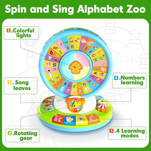 1 2 3 1-3, 1st 12-18 Toys for Year Old Boys Girls, Spin & Sing ABC Alphabet Learning Zoo with Lights & Sounds, Musical