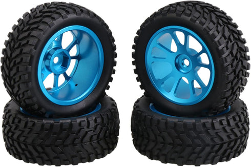 Mxfans Black 75mm Dia Beard Pattern Rubber Tyre & Blue Aluminum Alloy 10-Spoke Wheel Rims, Pack of 4