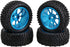 Mxfans Black 75mm Dia Beard Pattern Rubber Tyre & Blue Aluminum Alloy 10-Spoke Wheel Rims, Pack of 4